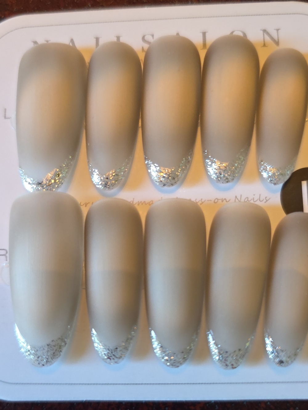 Matte Gray Press-On Nails with Silver Glitter Tips Size Large